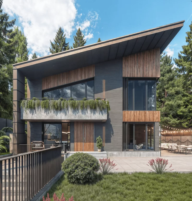 კერძო სახლის დიზაინი ხის ფაქტურებით. მოდერნისტული სტილის ექსტერიერის დიზაინი აგარაკის სახლზე