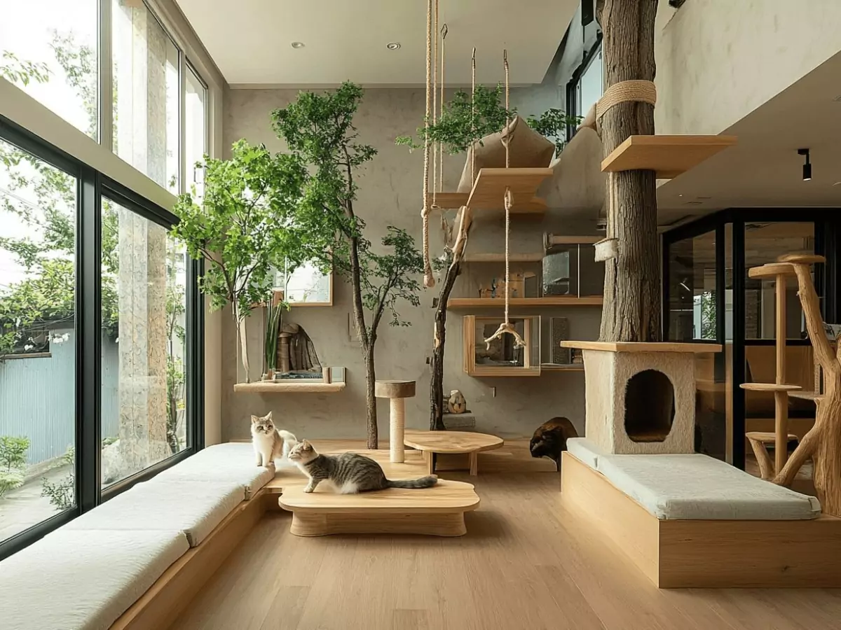 A pet-friendly cat room with a multi-level cat tree and a decorative indoor tree, emphasizing considerations for renovations.