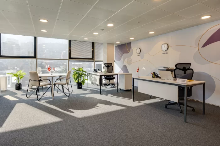 ნათელი სამუშაო სივრცე ბუნებრივი განათებით და დიდი ვიტრაჟებით