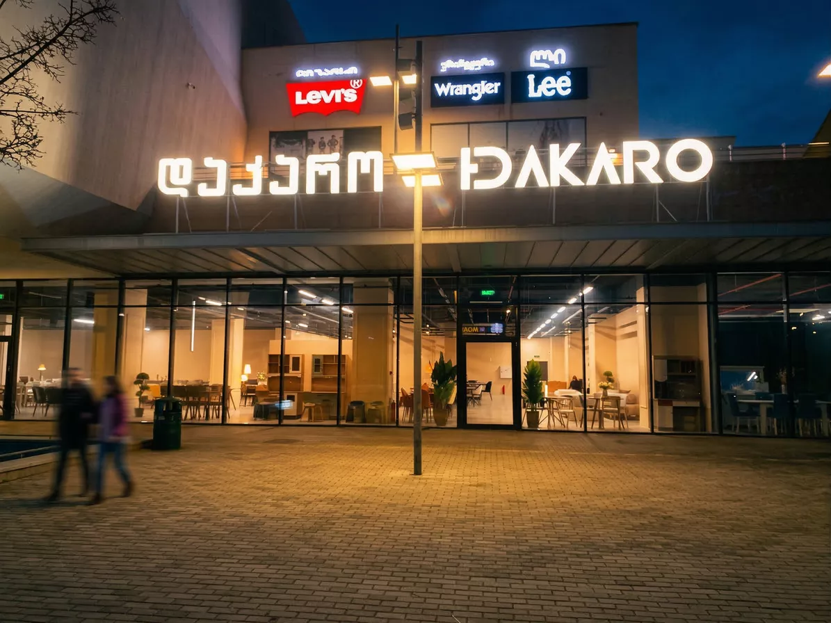 კომერციული ობიექტის ექსტერიერის დიზაინი და ფასადის განათება, ავეჯის შოურუმი DAKARO თბილისში